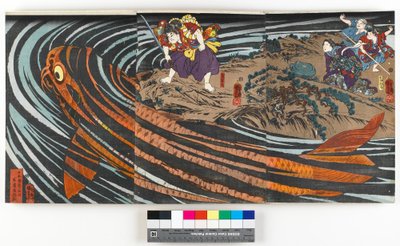 Tríptico, que representa a Oniwaka-maru (el futuro Musashibo Benkei) a punto de atacar a la carpa gigante que devoró a su madre, c.1845 de Utagawa Kuniyoshi