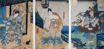 Tríptico con las Aventuras de Coxinga / Watonai por Hachiman Taro Yoshiie de Utagawa Kuniyoshi