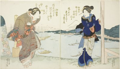Dos mujeres junto a una casa de té en Takanawa de Utagawa Kuniyoshi