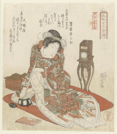 mujer con reloj Mujeres elegantes como héroes de Suikoden: de una serie de Ciento ocho (título de la serie) Fûzoku onna Suikoden - Hyakuhachiban no uchi (título de la serie sobre el objeto) de Utagawa Kuniyoshi