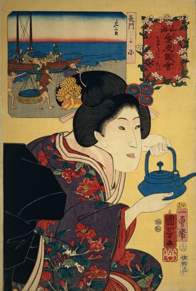 Camarera con tetera de sake, con la playa de Nagato representada en la imagen de fondo de Utagawa Kuniyoshi