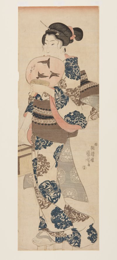 Mujer con abanico y jaula de insectos de Utagawa Kuniyoshi