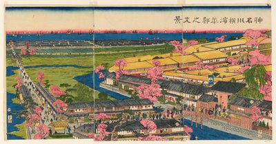 Vista Panorámica de los Barrios de Placer en Yokohama, Kanagawa (Kanagawa Yokohama hanakuruwa no kokei) de Utagawa Sadahide