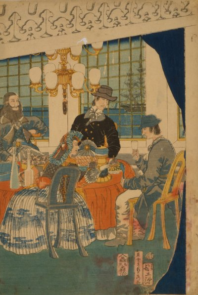 Salón de una casa mercantil extranjera en Yokohama, 1861 de Utagawa Sadahide