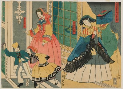Imagen de la residencia de un comerciante extranjero de ultramar: Portugal y América del Sur, período Edo, 1861 de Utagawa Sadahide