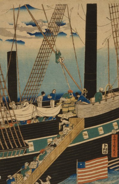 Comerciantes occidentales cargando mercancías en Yokohama, 1861 de Utagawa Sadahide