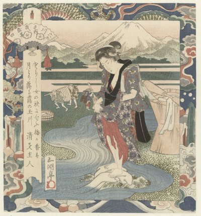 Mujer lava ropa en el río El río Chôbû en Musashi, número cuatro Musashi - sono yon (título sobre objeto) The Six Jewel Rivers (título de la serie) Mutamagawa no uchi (título de la serie sobre el objeto) de Utagawa Sadakage