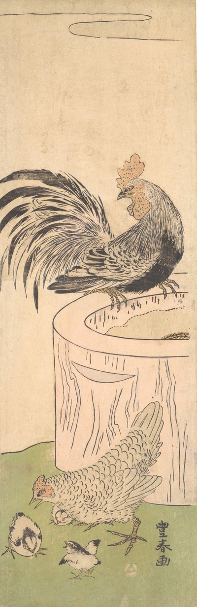 Gallo, Gallina y Polluelos de Utagawa Toyoharu