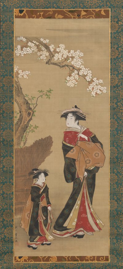 Cortesana y su asistente bajo un cerezo, principios del siglo XIX de Utagawa Toyoharu
