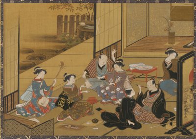 Escena interior de una fiesta con geishas y clientes de Utagawa Toyoharu