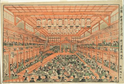 Imagen en perspectiva de un teatro Kabuki de Utagawa Toyoharu