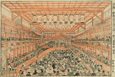 Imagen en perspectiva de un teatro Kabuki de Utagawa Toyoharu