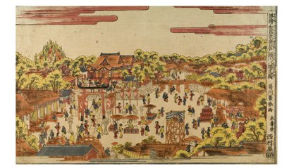 Imagen en perspectiva del santuario Hachiman junto al río Fukagawa de Utagawa Toyoharu