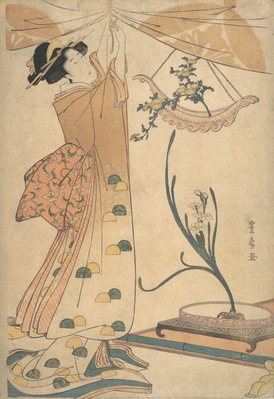 Una Mujer Atando una Cortina, un Arreglo Floral de Crisantemos en una Jarra en Forma de Barco, ca. 1805 de Utagawa Toyohiro