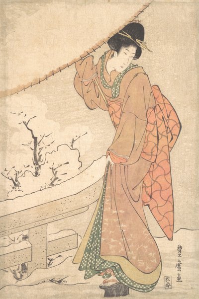 Una joven en una tormenta de nieve llevando un paraguas cargado de nieve de Utagawa Toyohiro
