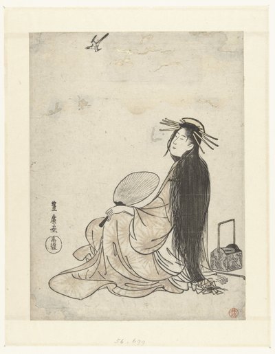 Cortesana con ventilador y utensilios para fumar mirando al cuco de Utagawa Toyohiro