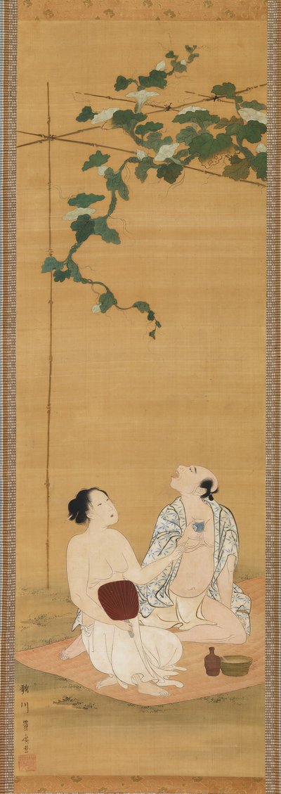 Disfrutando del fresco de la tarde bajo una pérgola de calabazas, principios del siglo XIX de Utagawa Toyohiro