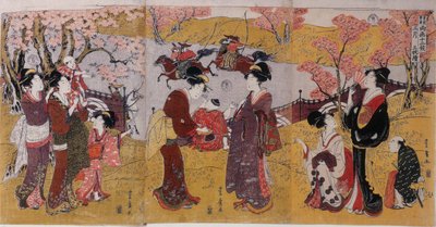 El tercer mes, tríptico de la serie Doce meses por dos artistas de Utagawa Toyohiro