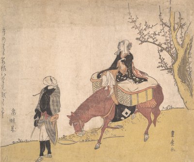 Versión de la Leyenda de Michizane: mujer montando a caballo que un hombre está guiando de Utagawa Toyohiro