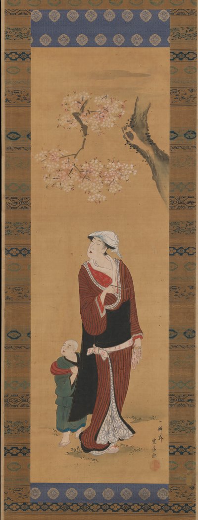 Mujer y niño bajo un cerezo de Utagawa Toyohiro