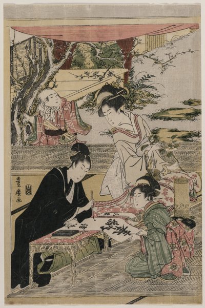 Joven escribiendo en una mesa de Utagawa Toyohiro