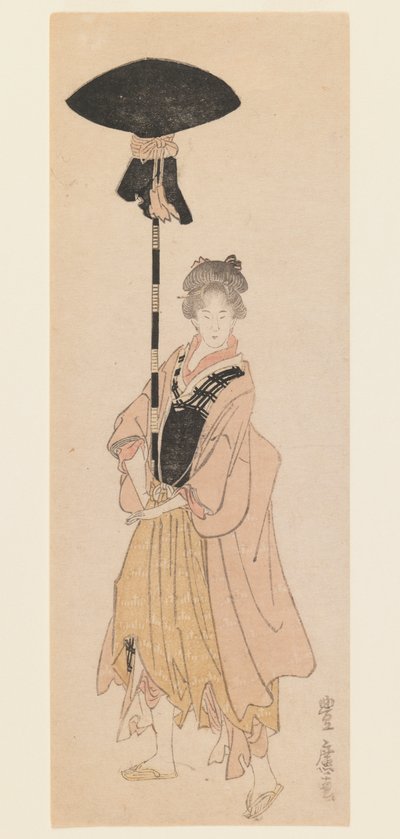 Una joven lleva un poste adornado para una procesión, c.1805-6 (grabado en madera, impresión estrecha estilo koban tate-e surimono) de Utagawa Toyohiro