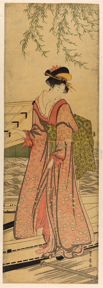 Joven mujer saliendo de un bote de Utagawa Toyohiro