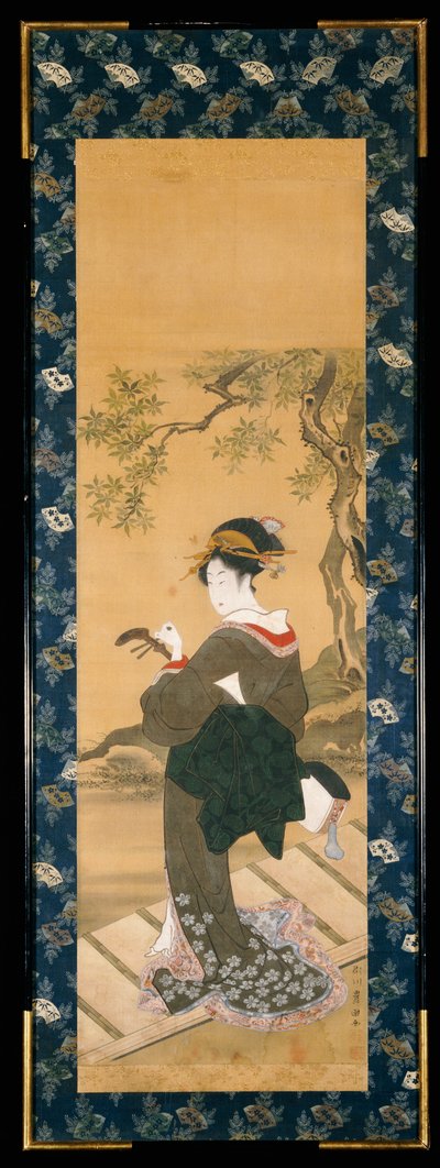 Retrato de cuerpo entero de una mujer afinando su shamisen en una veranda de Utagawa Toyokuni