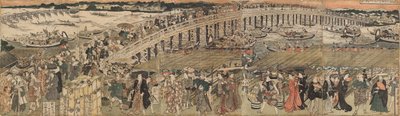 Refrescándose en el puente Ryōgoku en Edo, un pentaptych de Utagawa Toyokuni