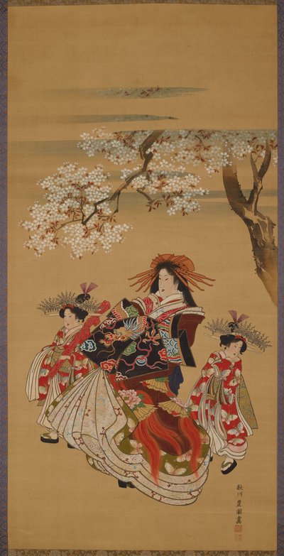 Cortesana con dos kamuro bajo cerezos en flor de Utagawa Toyokuni
