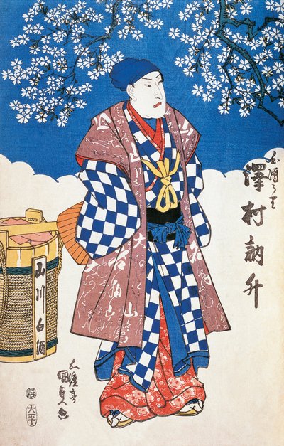 Actor japonés en kimono y fondo decorado con flores de manzano de Utagawa Toyokuni