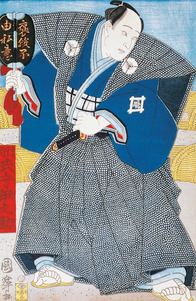 Actor japonés en kimono tradicional con abanico, xilografía de Utagawa Toyokuni