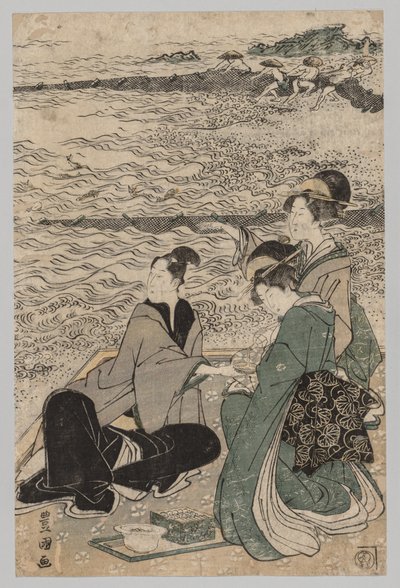 Hombre y dos mujeres en la orilla del mar de Utagawa Toyokuni