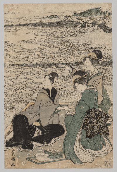 Hombre y dos mujeres en la orilla del mar, 1769-1825 de Utagawa Toyokuni