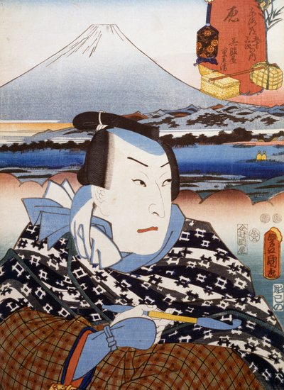 Retrato del actor de teatro Kabuki frente al Monte Fuji, impresión de arte ukiyo-e por Utagawa Toyokuni (1769-1825), xilografía, civilización japonesa, período Edo de Utagawa Toyokuni