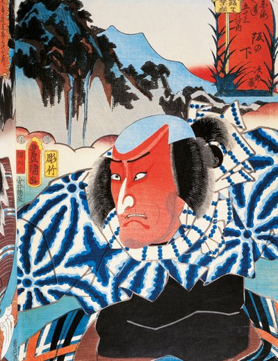 Retrato de un actor de teatro Kabuki con cara roja de ira, impresión de arte ukiyo-e por Utagawa Toyokuni (1769-1825), xilografía, civilización japonesa, período Edo de Utagawa Toyokuni