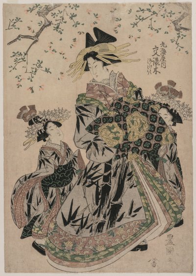 La cortesana Katakoshigi (?) de Maruebiya con sus Kamuro Ageha y Midori de Utagawa Toyokuni