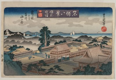 Ocho vistas de lugares famosos: Campana vespertina en Kamakura: Las montañas en la provincia de Awa..., principios de 1830 de Utagawa Toyokuni II