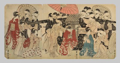 Una princesa que viaja con sus asistentes desciende de un palanquín de Utagawa Toyokuni I