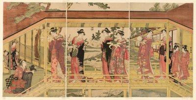 Una procesión de mujeres con decoraciones de shimadai de Utagawa Toyokuni I