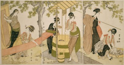 Lavando la Ropa junto al Brocal del Pozo (Idobata no sentaku to araihari) de Utagawa Toyokuni I