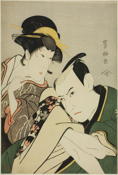 Ichikawa Yaozo III en el papel de Takebe Genzo e Iwai Kiyotaro en el papel de Tonami de Utagawa Toyokuni I