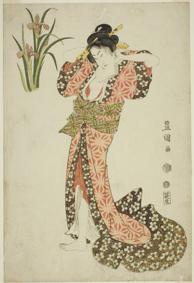 Iris: belleza arreglando el cabello, de una serie sin título de bellezas y flores de Utagawa Toyokuni I