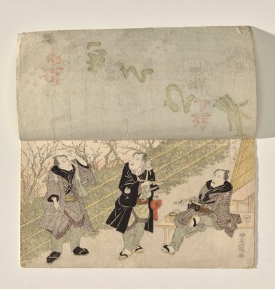 Escenario de Kabuki con una cortina levantada para revelar a tres actores de Kabuki de Utagawa Toyokuni I