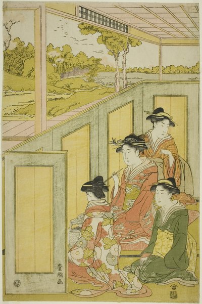 Damas tras el biombo de la mansión de un daimyo de Utagawa Toyokuni I