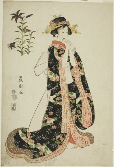 Lirios: joven mujer sosteniendo una carta, de una serie sin título de bellezas y flores de Utagawa Toyokuni I