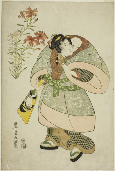 Claveles: enfermera y bebé, de una serie sin título de bellezas y flores de Utagawa Toyokuni I