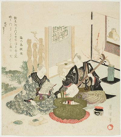 Leer y tocar el shamisen en invierno de Utagawa Toyokuni I