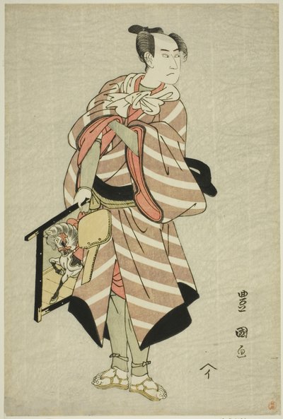 El actor Sawamura Sojuro III como el arriero Muchizo en la obra "Miyamairi Musubi no Kamigaki," representada en el Teatro Kiri en el undécimo mes, 1797 de Utagawa Toyokuni I