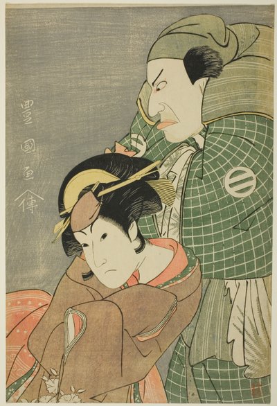 Los actores Kataoka Nizaemon VII como Iyo no Taro e Iwai Hanshiro IV como Kojoro-gitsune de Okazaki en la obra "Seiwa Nidai Oyose Genji," representada en el Teatro Miyako en el undécimo mes, 1796 de Utagawa Toyokuni I